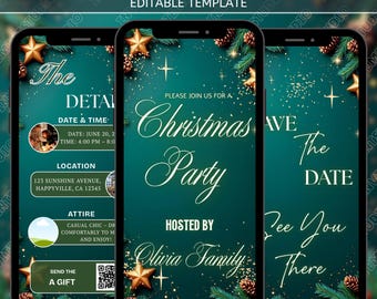 May include: Animated digital invitation template displayed on three smartphones. The design features a teal background with gold stars, pinecones, and text that reads "Christmas Party" and "The Date". The invitation includes details like date, time, and location.
