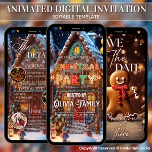 May include: Animated digital Christmas party invitation template displayed on three smartphones. The design features a gingerbread house, a gingerbread man, and festive text elements. The invitation includes details for the party.