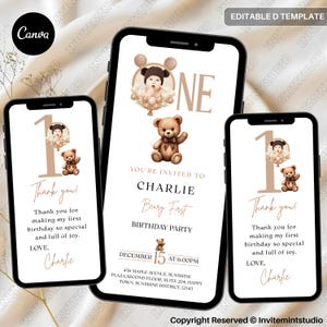 Könnte beinhalten: Digitale Einladungsvorlage für eine erste Geburtstagsfeier. Das Design zeigt einen Teddybären und ein Baby mit Luftballons. Die Einladung enthält den Text "You're invited to Charlie Beary First Birthday Party". Das Design ist in Braun- und Beigetönen gehalten.