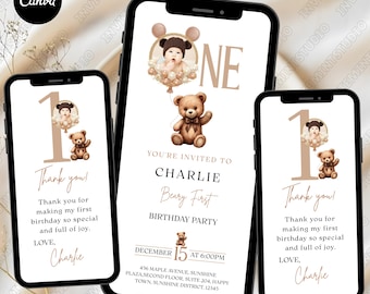 Beary First Birthday Digital Invite, Animated Neutral Teddy Bear Balloon Evite, Balloon Frame Bear Theme, Baby’s First Birthday Celebration