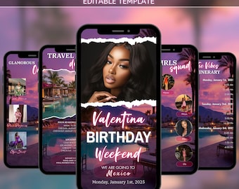 Digital Girls Trip Animated Weekend Itinerary Invitation, Birthday Weekend Invite Template, Digital Itinerary, Vacation Schedule Trip