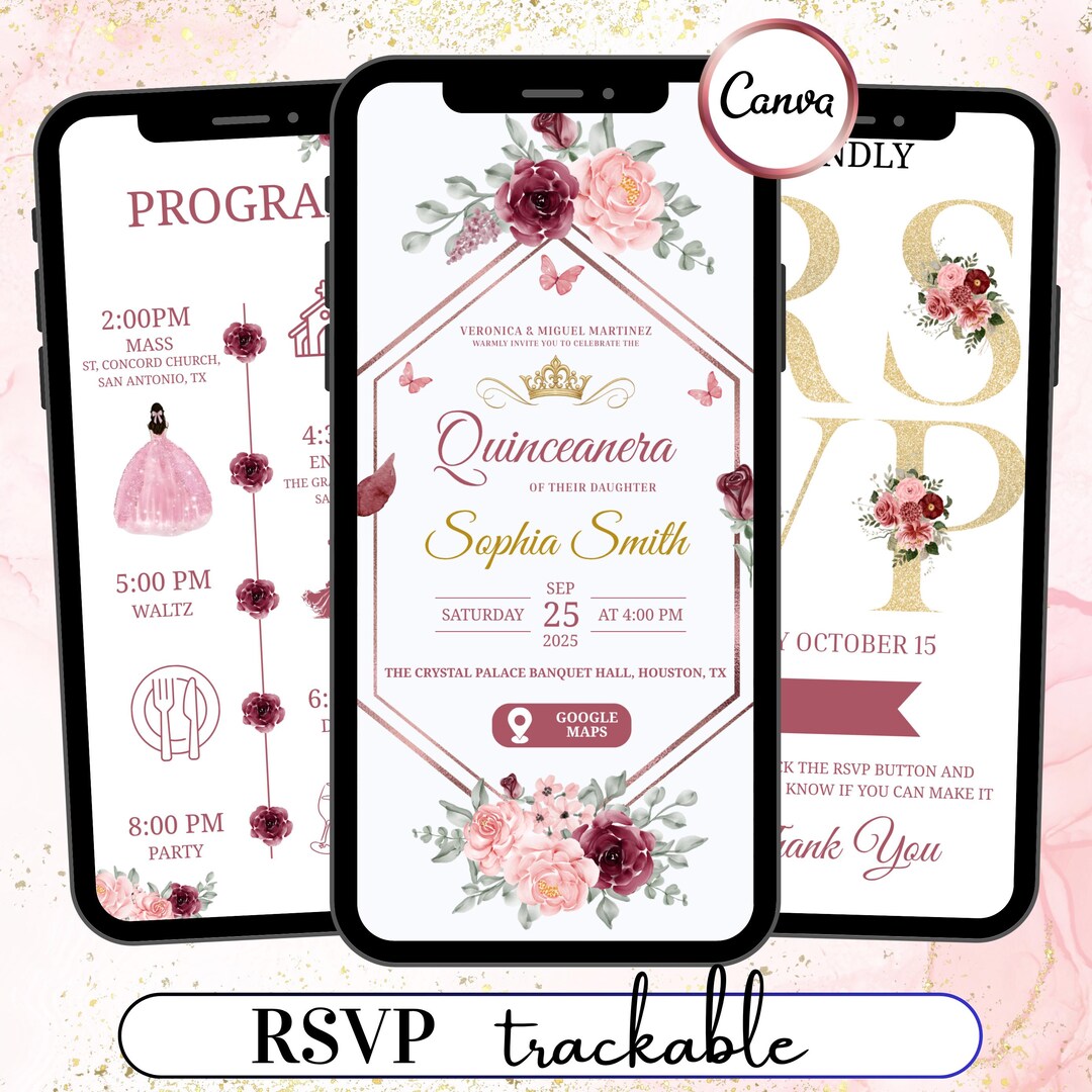 Interactive Quinceañera Invitation With RSVP L, Editable Canva Template ...