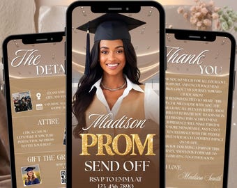 Queen Prom Send Off Invitation Template, Beige Gold Editable Girls Evite, Animated Graduation Celebration Party Invite, DIY Digital Design