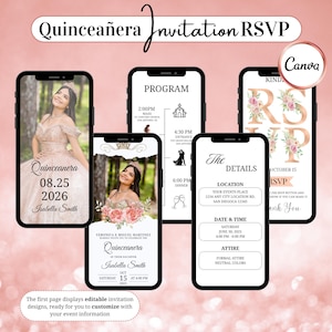 May include: Digital invitation design for a Quincea&ntilde;era, displayed on several smartphones. The design includes event details, a photo of the celebrant, and RSVP information. The text includes the date, time, and location.