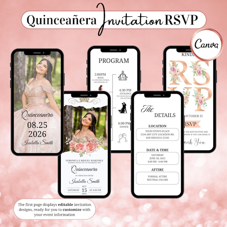May include: Digital invitation design for a Quincea&ntilde;era, displayed on several smartphones. The design includes event details, a photo of the celebrant, and RSVP information. The text includes the date, time, and location.