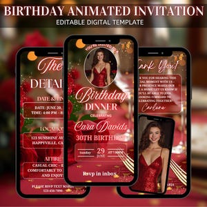 Animated Birthday Dinner Party Invitation, Video Invitation, Red Birthday Dinner, Birthday Party Invite, Editable Template, Birthday Evite