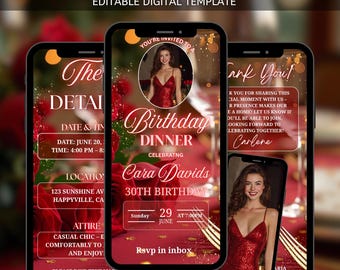 Animated Birthday Dinner Party Invitation, Video Invitation, Red Birthday Dinner, Birthday Party Invite, Editable Template, Birthday Evite