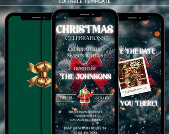 May include: Animated digital Christmas invitation template on three smartphones. The central phone displays "Christmas Celebrations" with a red bow and Santa Claus. The left phone shows a green background with a gold bow. The right phone shows a photo and the words "You There!"