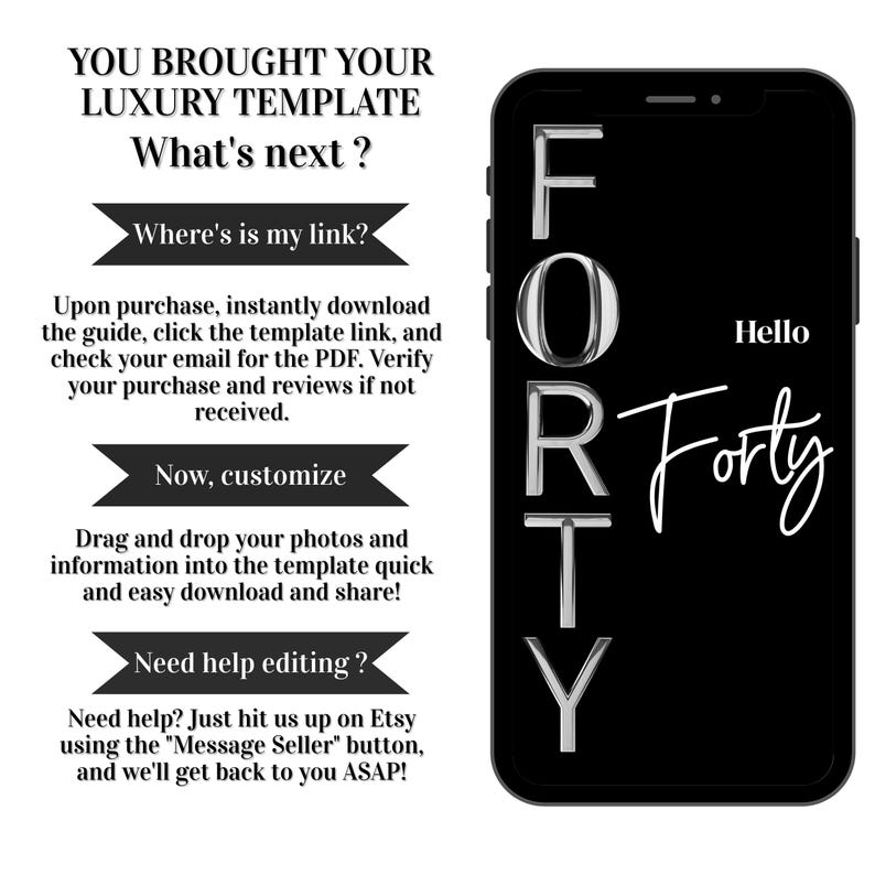 May include: A black smartphone displays the word "FORTY" in silver letters and "Hello Forty" in white script. The phone is next to text that reads "YOU BROUGHT YOUR LUXURY TEMPLATE What's next?" and instructions on how to use the template.