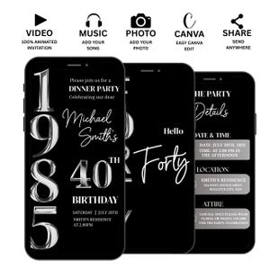 May include: Black smartphone screens displaying a digital invitation for a 40th birthday dinner party. The invitation includes the name "Michael Smith's", date, time, and location. The design is in black and white with silver accents.