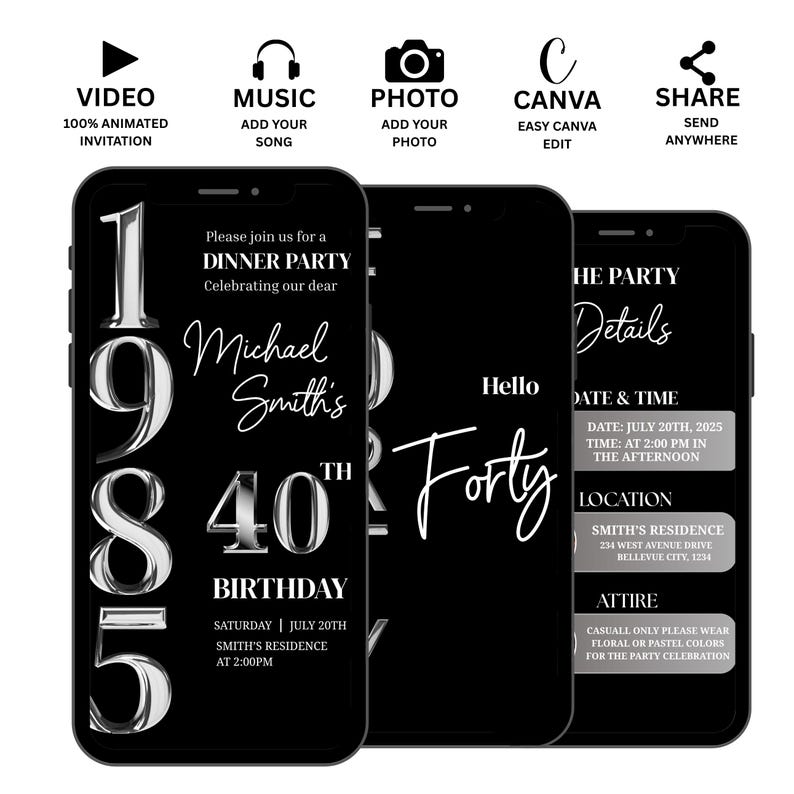 May include: Black smartphone screens displaying a digital invitation for a 40th birthday dinner party. The invitation includes the name "Michael Smith's", date, time, and location. The design is in black and white with silver accents.
