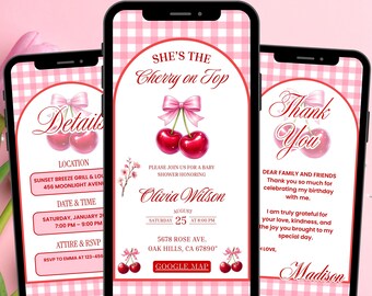 Digital Cherry on Top Birthday Invitation, Pink Coquette Bow Party Evite with Gingham Pattern, Editable Cute Pink Birthday Celebration Evite