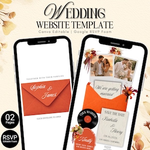 May include: A wedding website template displayed on two smartphones. The template features an orange envelope with the names "Sophia & James", photos of a couple, and the text "We are getting married". The design includes floral accents.