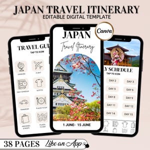 Puede incluir: Tres smartphones que muestran una plantilla digital de itinerario de viaje a Jap&oacute;n. Las pantallas muestran iconos de gu&iacute;a de viaje, una vista de un castillo japon&eacute;s y un programa diario. El texto dice "Japan Travel Itinerary" y "38 Pages Like an App."