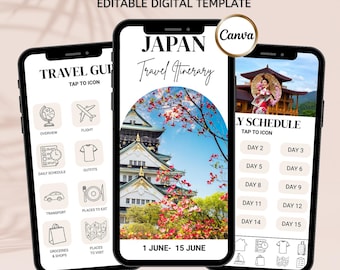 Redigerbar mall för resplan, 38 sidors redigerbar reseguide för Japan, mobil reseplanerare, semestermall för resebyrå i Canva
