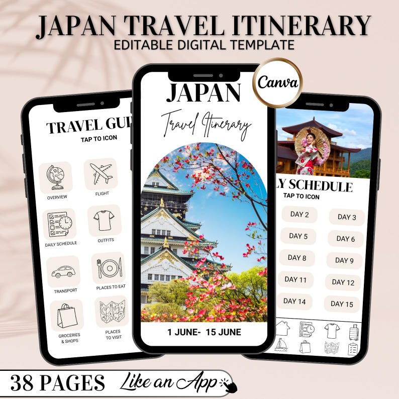 Puede incluir: Tres smartphones que muestran una plantilla digital de itinerario de viaje a Jap&oacute;n. Las pantallas muestran iconos de gu&iacute;a de viaje, una vista de un castillo japon&eacute;s y un programa diario. El texto dice "Japan Travel Itinerary" y "38 Pages Like an App."