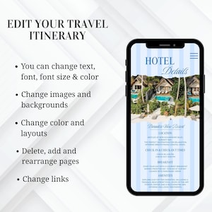 May include: A smartphone displays a travel itinerary template with the text "EDIT YOUR TRAVEL ITINERARY." The screen shows hotel details, including a resort image, location, check-in/out times, breakfast details, and amenities. The design features blue stripes.
