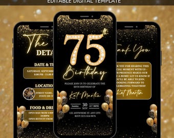 Digital 75th Birthday Party Video Invitation, Canva Editable, Animated Black Gold Diamond Evite, Birthday Party Invite, Woman Birthday party