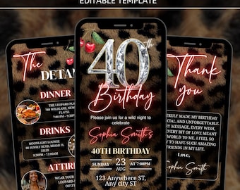 40th Cheetah Print Birthday Invitation, Animated Red Cherry Party Template, Editable Canva Design,Leopard Vibes VIdeo Evite,Digital Download