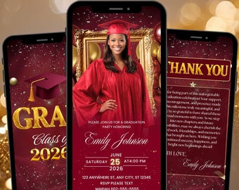Red She Did It Graduation Invitation – Class of 2026 Grad Party Invite, Customizable Canva Announcement Template, Instant Download