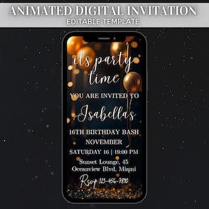 Digital Birthday Party Invitation, Canva Template, Black Theme, Digital Animated Invite, Balloons Birthday Party, PDF Download