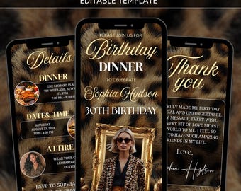 Editable Cheetah Print Birthday Dinner Invitation, Animated Invitation, Canva Design, Modern And Elegant Video Template, Digital Download