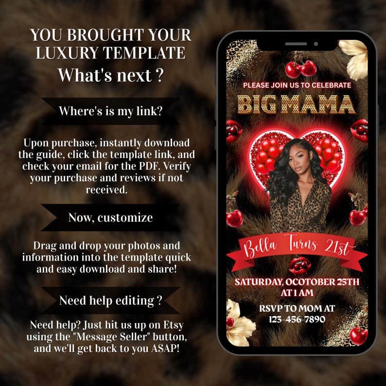 Puede incluir: Una plantilla de invitaci&oacute;n digital en la pantalla de un tel&eacute;fono inteligente, que presenta una foto de una mujer con un top con estampado de leopardo. La invitaci&oacute;n dice "BIG MAMA" y "Bella Turns 21st". El fondo es un patr&oacute;n de estampado de leopardo con instrucciones.