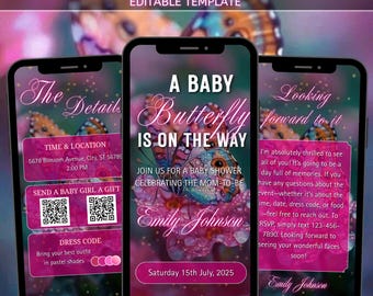 Butterfly Baby Shower Invitation, Invite Celebration The MOM-to-BE, Big Butterfly Baby Shower Invitation, Pink Flower, Digital Download