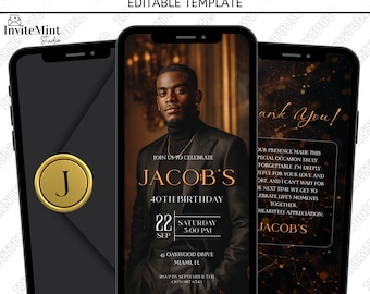 Moderne 40. Geburtstagseinladung für Ihn, luxuriöses animiertes digitales Evite in Schwarz und Gold, bearbeitbare Canva Party Vorlage, sofortiger Download