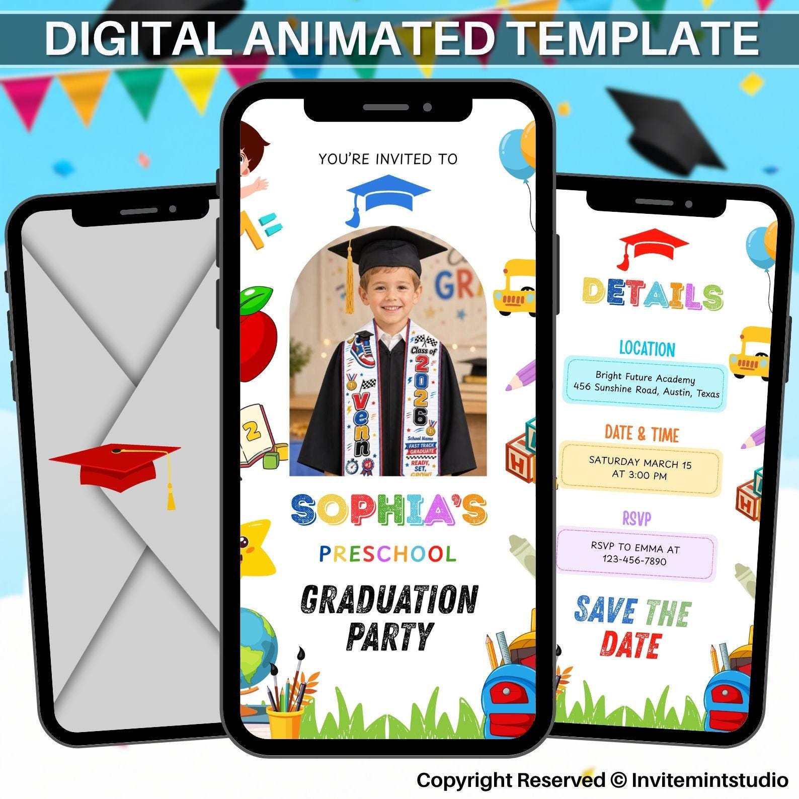 Preschool Graduation Digital Invitation, Animated Video Invite for Kids, Pre-K Grad Party Editable Template, Instant Download