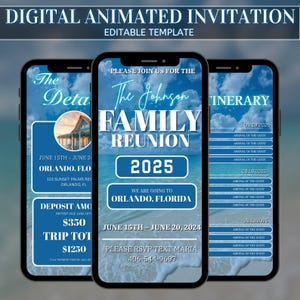 May include: Digital animated invitation template on three smartphones. The invitation is for a family reunion in Orlando, Florida, in 2025. The design features a beach scene and includes details like dates, RSVP information, and itinerary.