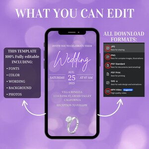 May include: A digital wedding invitation template displayed on a smartphone screen. The invitation features the word "Wedding" in elegant script, date, time, and venue details. The template is fully editable, including fonts, color, wording, background, and photos.