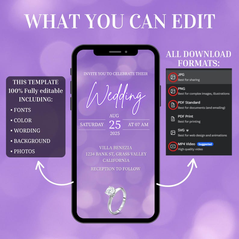 May include: A digital wedding invitation template displayed on a smartphone screen. The invitation features the word "Wedding" in elegant script, date, time, and venue details. The template is fully editable, including fonts, color, wording, background, and photos.