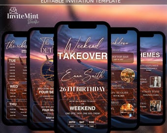 Digital Weekend Trip Takeover Itinerary Invitation, Birthday Itinerary, Itinerary Template, Weekend Trip Planner, Canva Editabl Template
