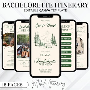 以下が含まれることがあります： 5台のスマートフォンに表示された、独身最後の週末のモバイル旅程テンプレート。デザインは、木とテントのイラストが施された緑と白の配色です。「Bachelorette Weekend」とイベントの詳細が含まれています。