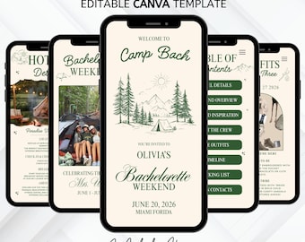 Bachelorette Itinerary Template, Digital Mobile Invitation, Customizable Canva Design for Camp Bach Weekend, Instant Download
