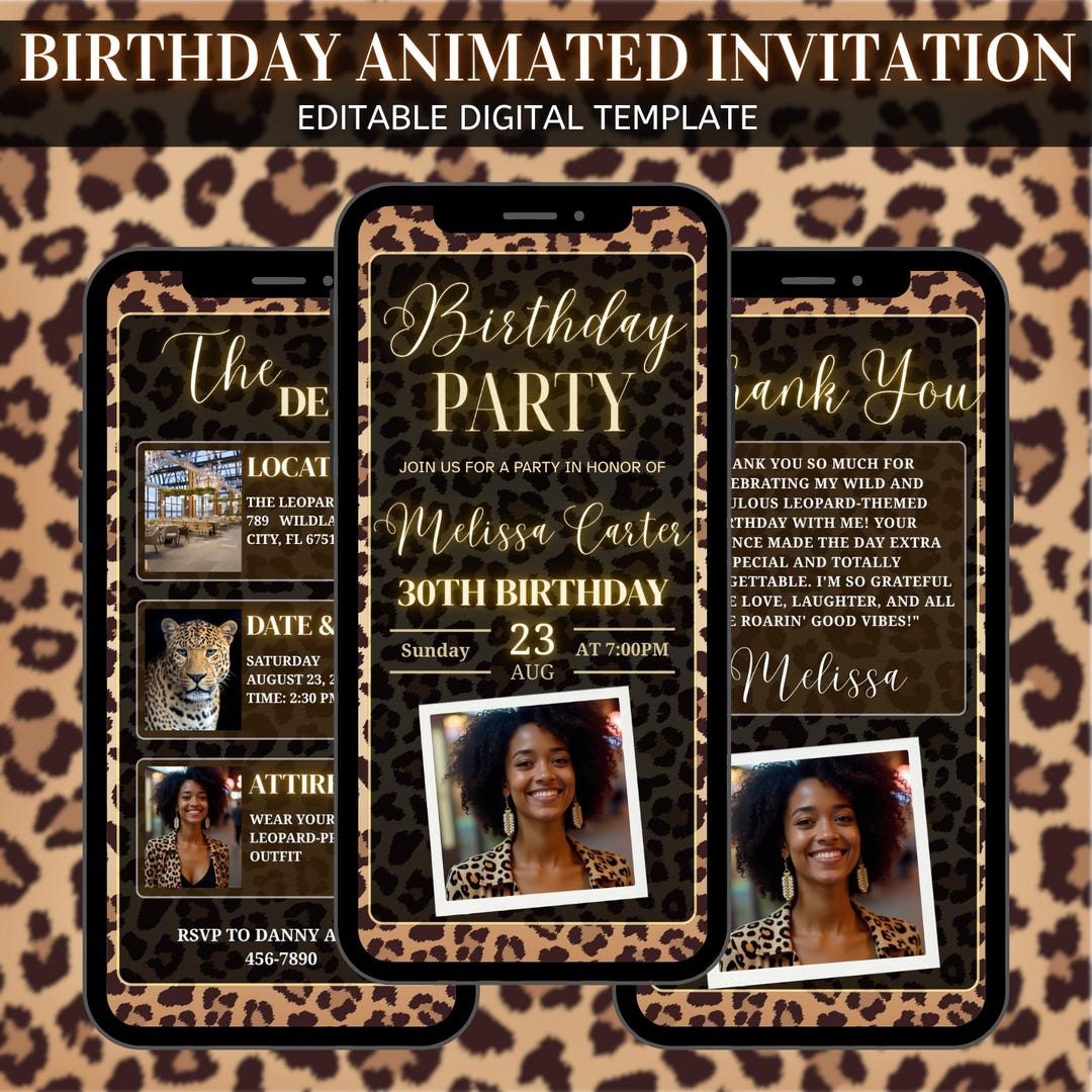 Animated Leopard Birthday Invite, Animal Print Party Invitation ...