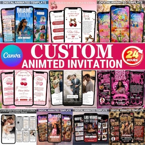 May include: A collection of digital animated invitation templates for mobile phones, featuring various themes including birthday parties, weddings, and events with customizable text, photo placeholders, and graphic elements like cherries and floral designs.