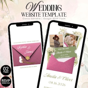 May include: A wedding website template displayed on two smartphones. The template features a pink envelope design with the names "Sophia & James" and "Amelia & Oliver." The text "Wedding Website Template" is at the top. The template is Canva editable and includes Google RSVP.