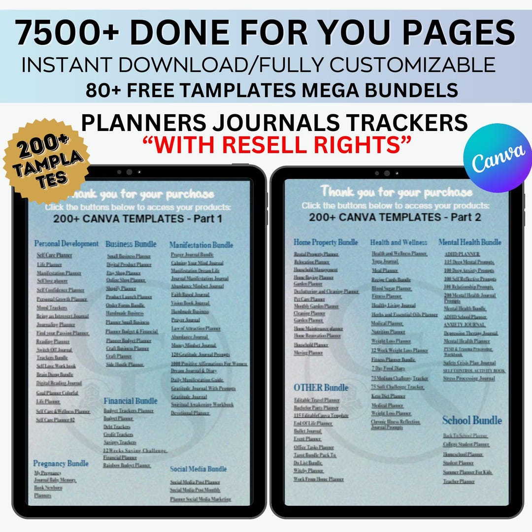 7500 Pages PLR Canva Template Bundle, 200 Canva PLR Templates, Planners
