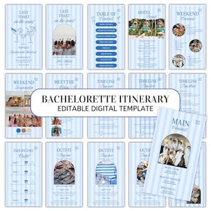 May include: A digital template for a bachelorette itinerary. The design features a light blue and white striped background with various sections, including a timeline, outfit ideas, and contact information. The text "Bachelorette Itinerary" is prominently displayed.