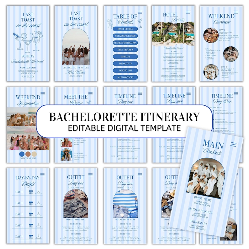 May include: A digital template for a bachelorette itinerary. The design features a light blue and white striped background with various sections, including a timeline, outfit ideas, and contact information. The text "Bachelorette Itinerary" is prominently displayed.