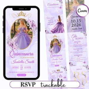 May include: A digital invitation for a Quinceañera, featuring a young woman in a lavender gown. The design includes floral accents, a gold crown, and event details. The invitation is displayed on a smartphone and includes the text "RSVP trackable."