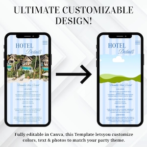 May include: Two smartphones displaying a hotel details template. The left phone shows a resort image, while the right shows a landscape. Text reads "ULTIMATE CUSTOMIZABLE DESIGN!" and "HOTEL Details". The template is fully editable in Canva.