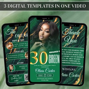 May include: Three digital templates for a birthday party invitation video. The templates feature a green and gold marble design with event details, including date, time, location, and RSVP information. The central template highlights a woman's portrait and the number 30.