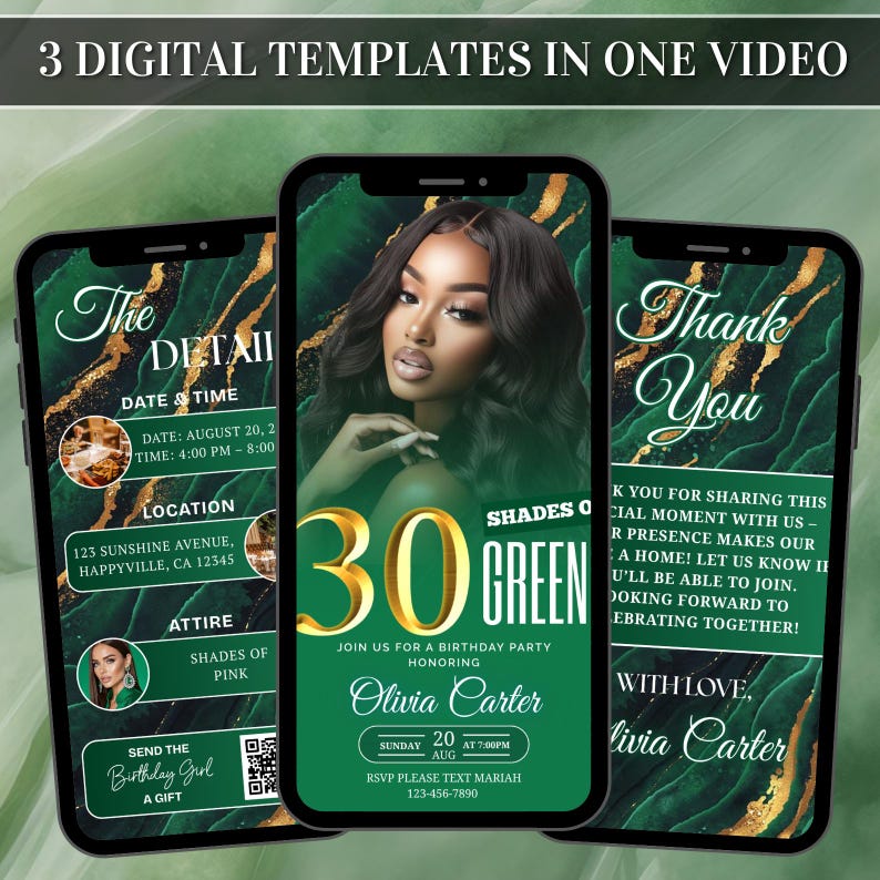 May include: Three digital templates for a birthday party invitation video. The templates feature a green and gold marble design with event details, including date, time, location, and RSVP information. The central template highlights a woman's portrait and the number 30.