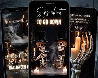Sips About to Go Down Animated Halloween Invitation, Victorian Gothic Adult Party Video, Skeleton Cocktail Digital Evite, Canva Template