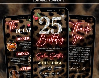 25th Cheetah Print Birthday Invitation, Animated Red Cherry Party Template, Editable Canva Design,Leopard Vibes VIdeo Evite,Digital Download