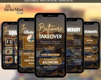 Digital Baltimore Trip itinerary Invitation, Baltimore Birthday itinerary, Itinerary Template, Baltimore Itinerary, Self Editable Planner
