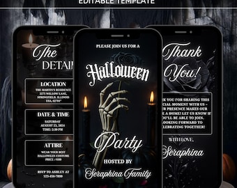 May include: Animated digital Halloween party invitation template displayed on three smartphones. The central phone shows a skeleton hand holding a black rose. Other phones display party details, including date, time, and RSVP information.